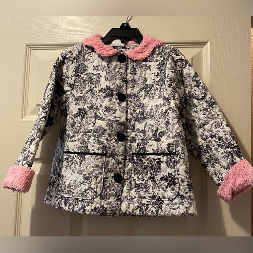 Gorgeous Peaches n cream size 4 girls toile jacket with pink trim